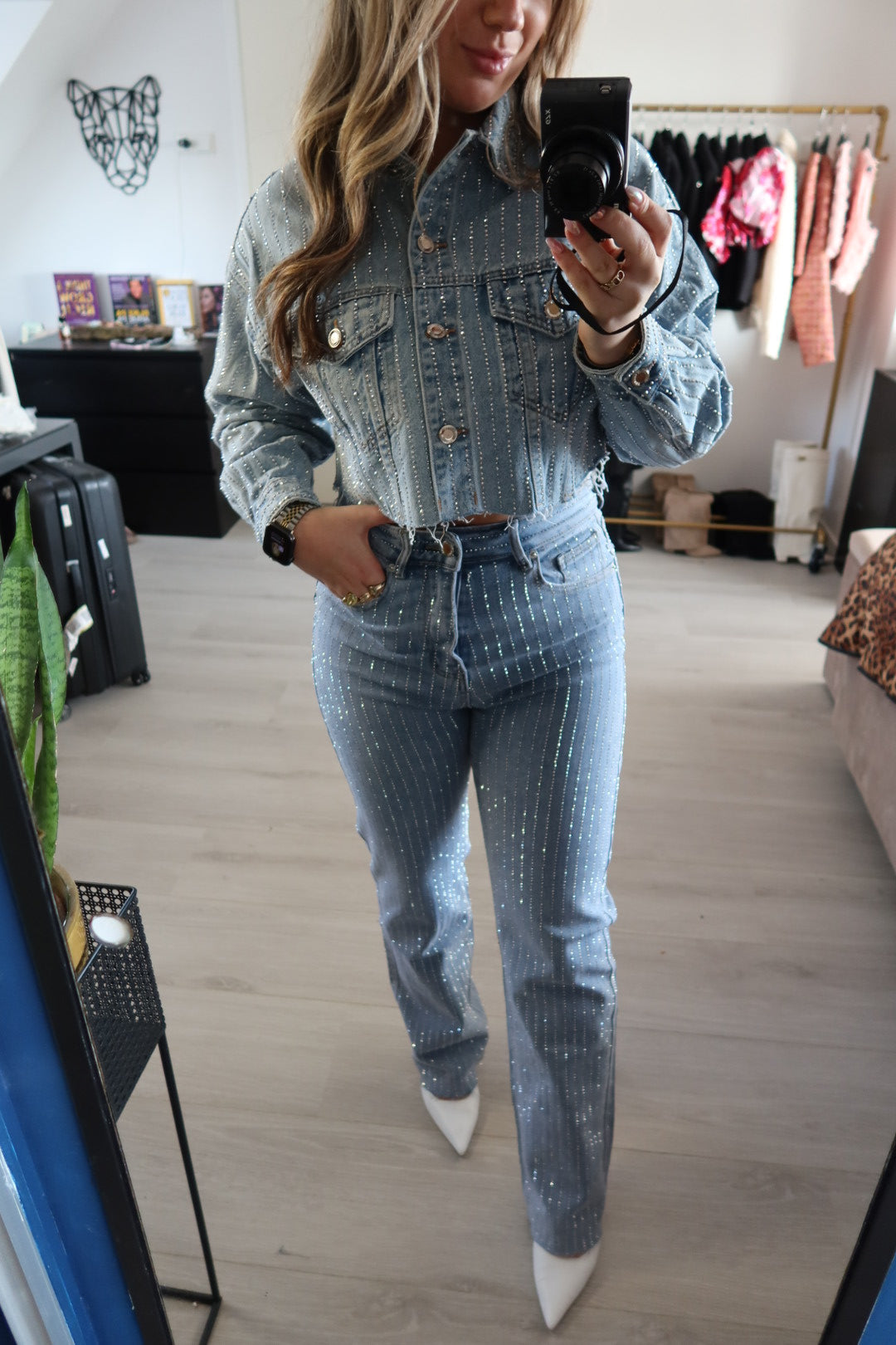 Giacca corta in denim glitterato