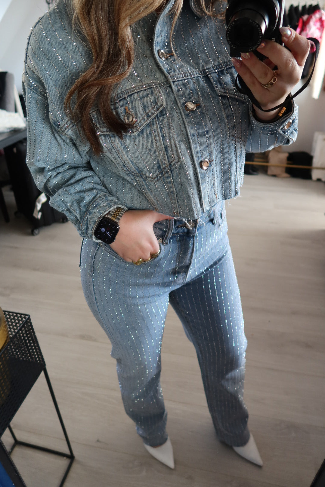 Giacca corta in denim glitterato
