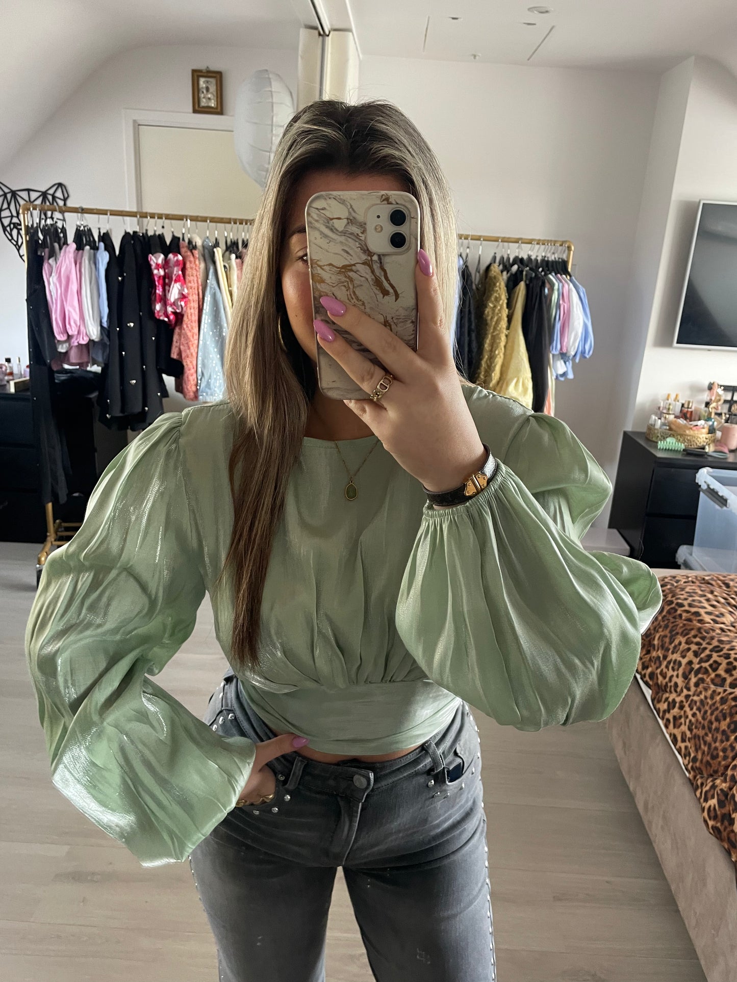 Luxe Satin Puff Top - Mintgroen