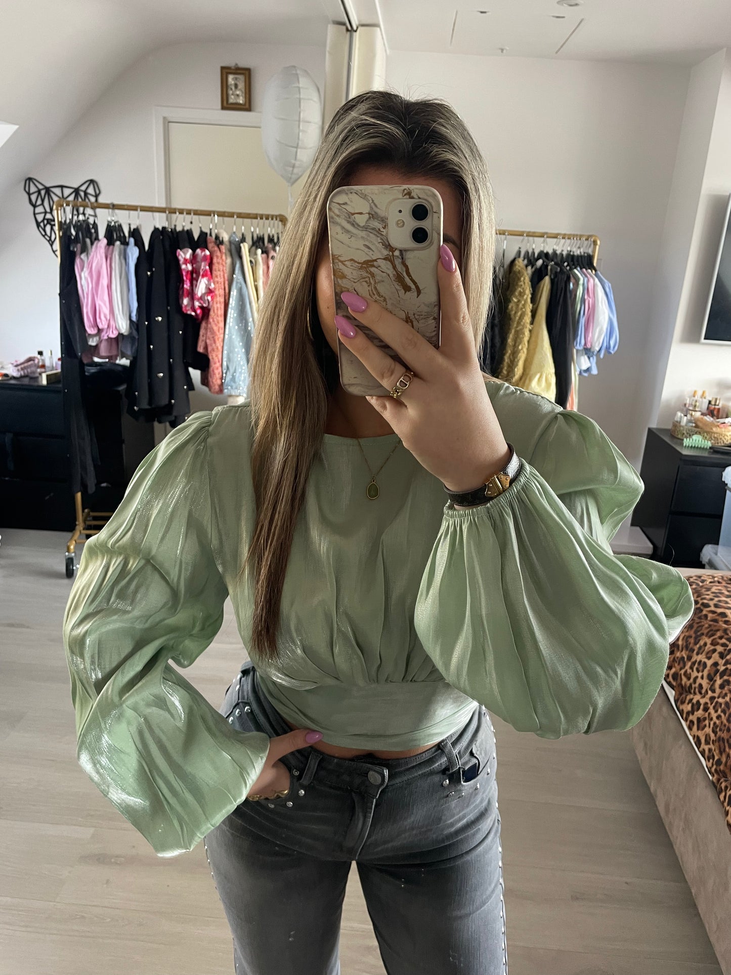 Luxe Satin Puff Top - Mintgroen