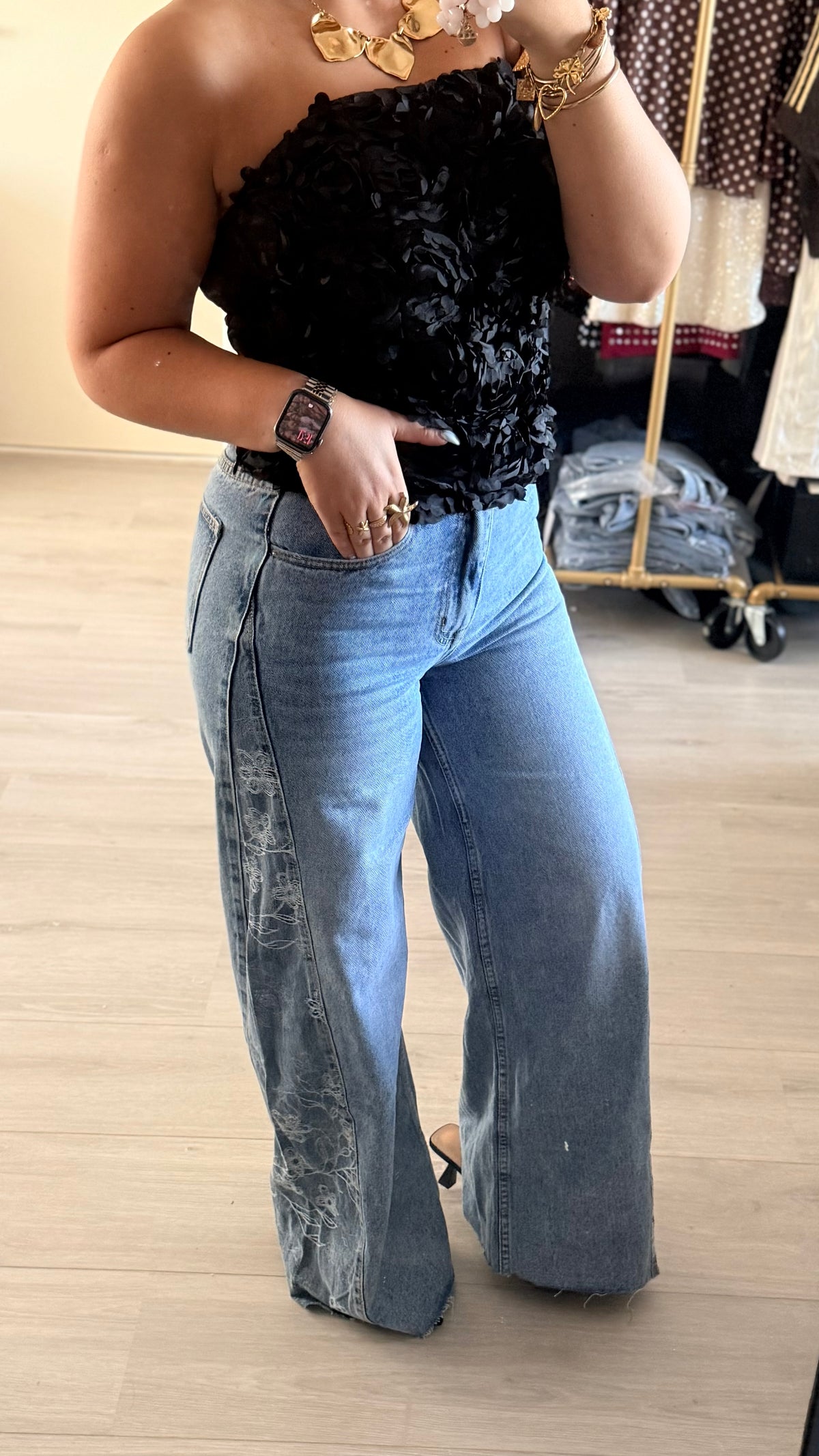 Flower Side Wide Leg Jeans