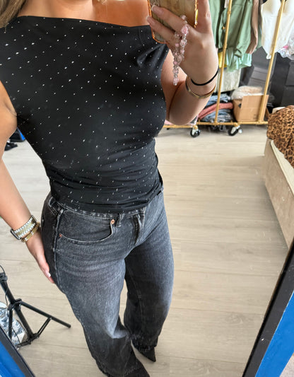 Rhinestone One Shoulder Top