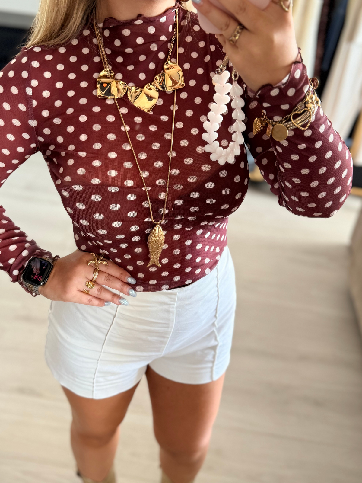 Coco Mesh Polka Dot Top - Bordeaux