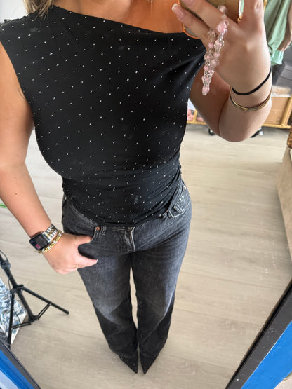 Rhinestone One Shoulder Top