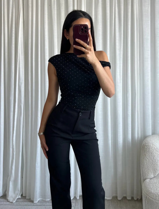 Rhinestone One Shoulder Top