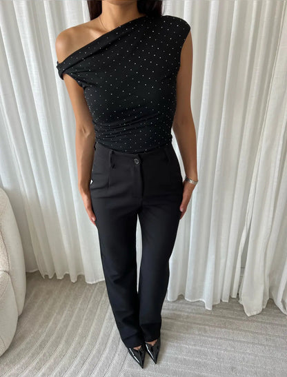 Rhinestone One Shoulder Top